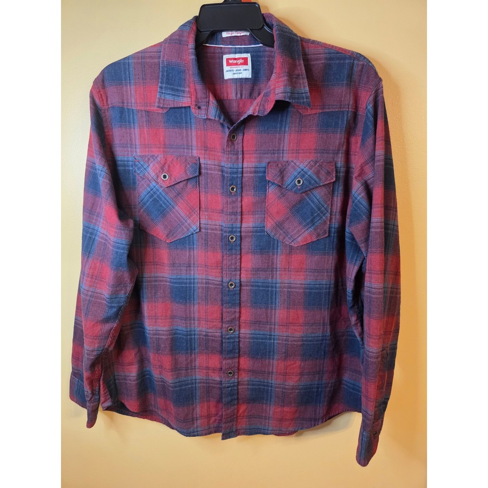 Wrangler Flex for Comfort Mens XL Red Navy Blue Plaid Flannel Shirt JSH1WWR